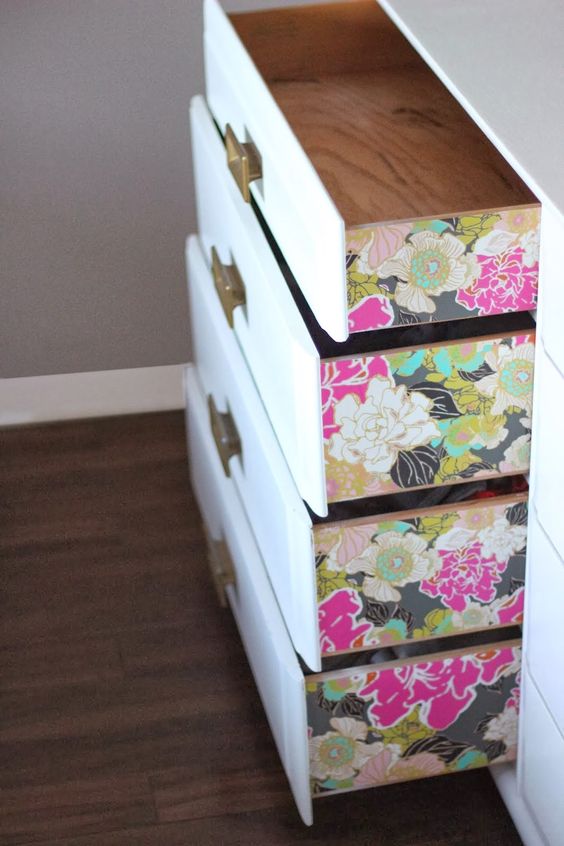 Chelsea Life and Design upcycled these drawers using wallpaper