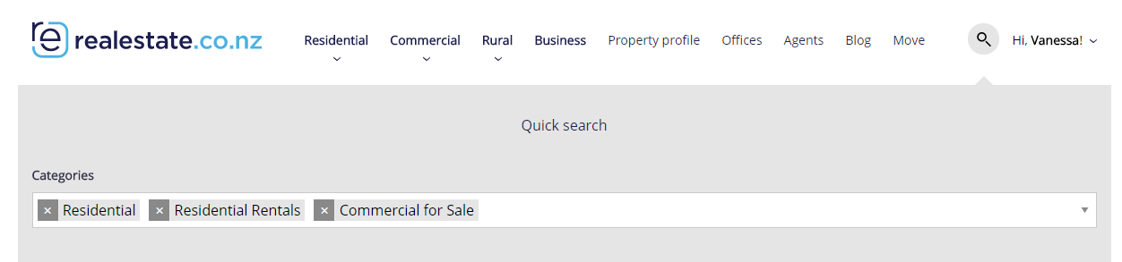 Cross category search on realestate.co.nz